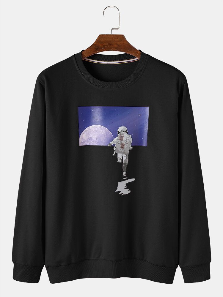 Mens Astronaut Moon Graphic Crew Neck Sweat-shirts Décontractés En Coton