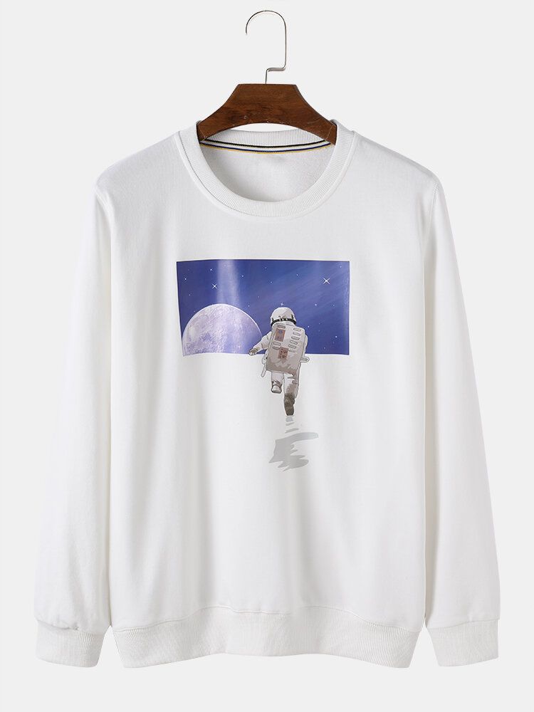 Mens Astronaut Moon Graphic Crew Neck Sweat-shirts Décontractés En Coton