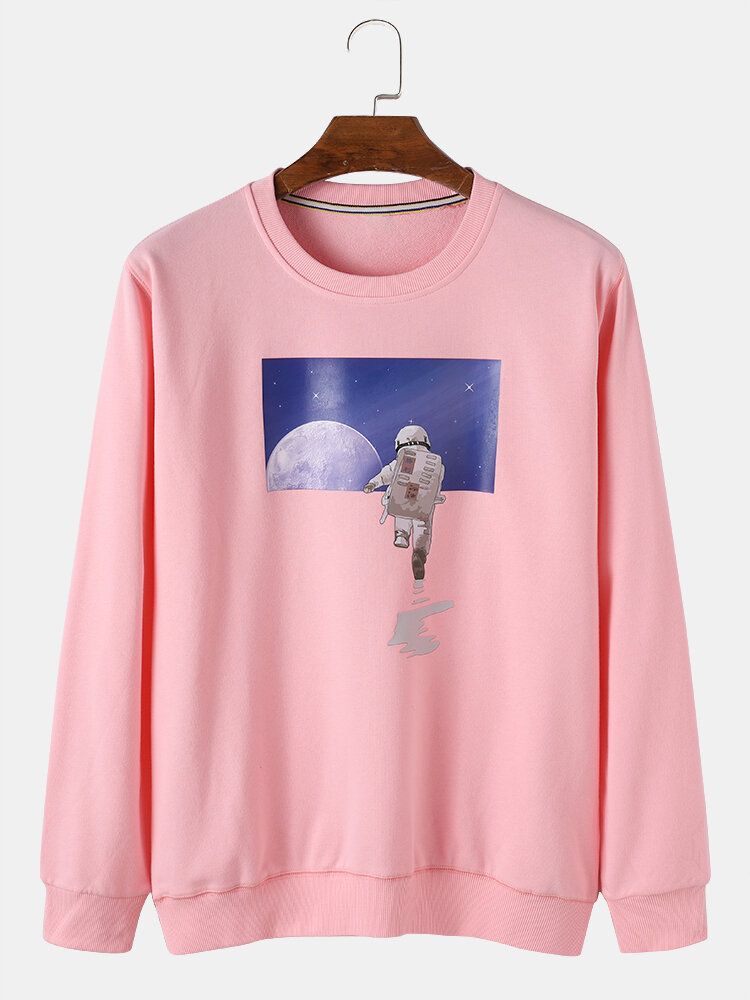 Mens Astronaut Moon Graphic Crew Neck Sweat-shirts Décontractés En Coton