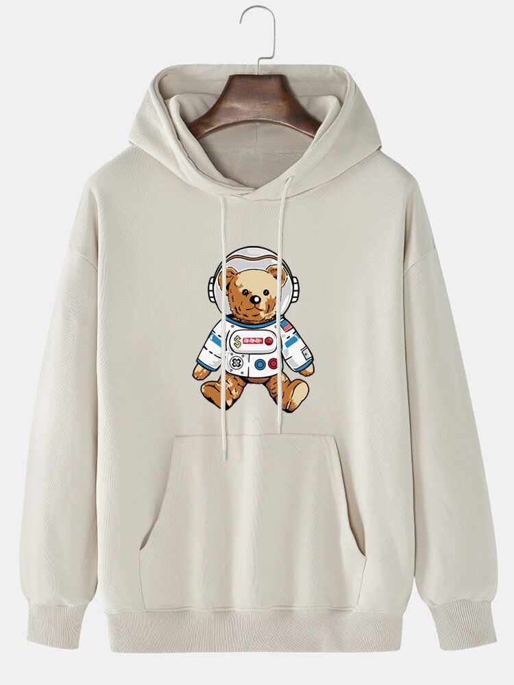 Mens Astronaute Ours Dessin Animé Imprimé Uni Décontracté Coton Pull À Capuche