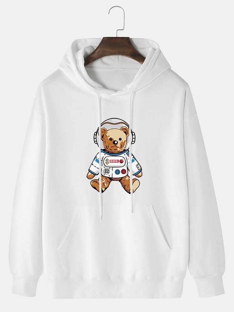 Mens Astronaute Ours Dessin Animé Imprimé Uni Décontracté Coton Pull À Capuche