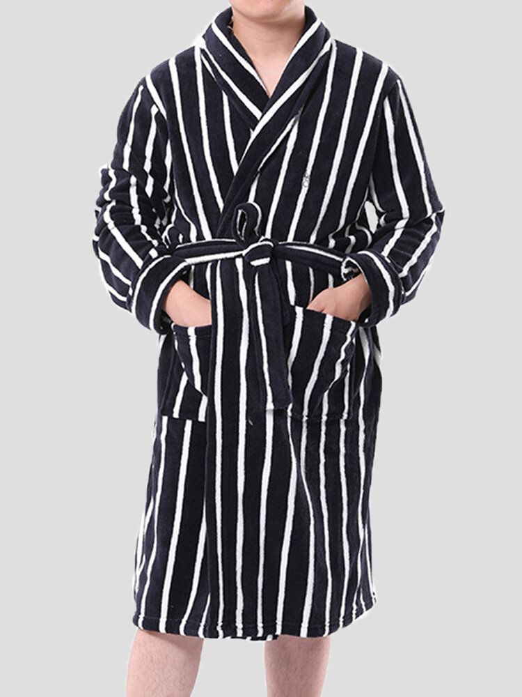 Mens Basic Rayé Imprimé Flanelle Hiver Épais Mi-long Home Lounge Robes