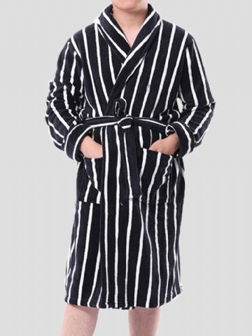 Mens Basic Rayé Imprimé Flanelle Hiver Épais Mi-long Home Lounge Robes