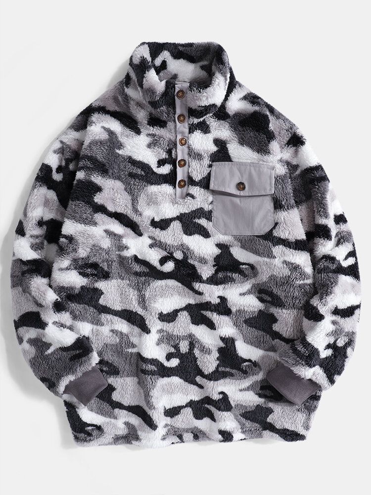 Mens Camo Half Button Stand Collar Fluffy Plush Warm Pull Sweatshirts