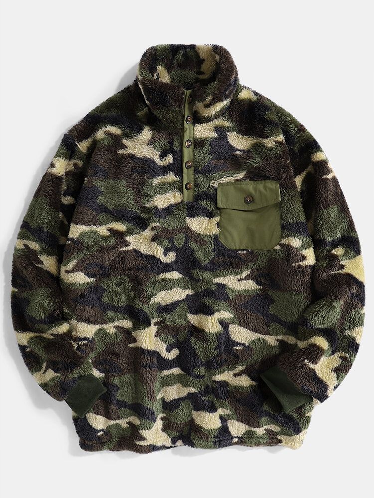 Mens Camo Half Button Stand Collar Fluffy Plush Warm Pull Sweatshirts