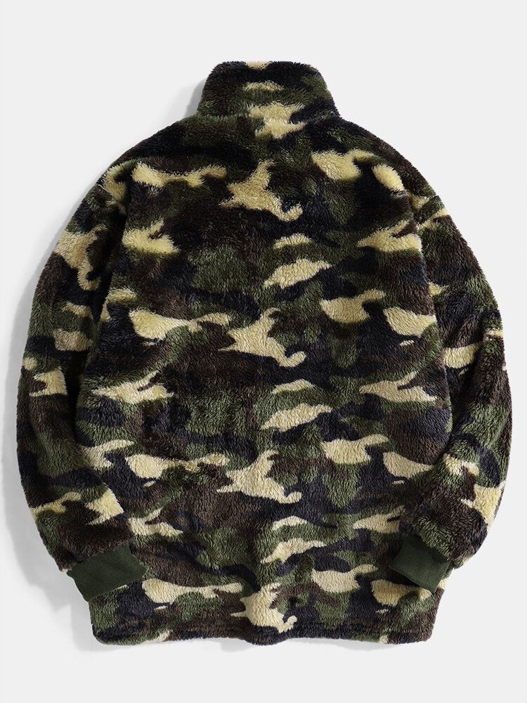 Mens Camo Half Button Stand Collar Fluffy Plush Warm Pull Sweatshirts