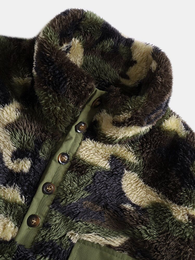 Mens Camo Half Button Stand Collar Fluffy Plush Warm Pull Sweatshirts