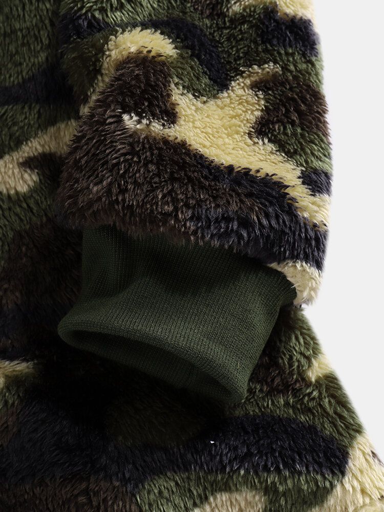 Mens Camo Half Button Stand Collar Fluffy Plush Warm Pull Sweatshirts