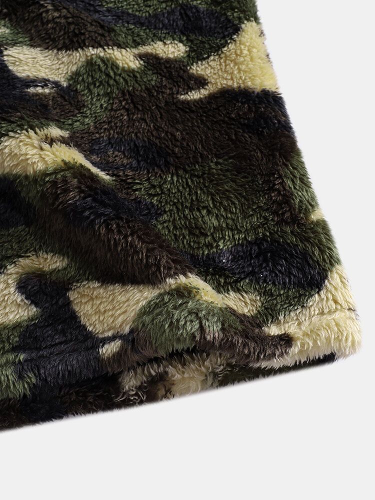 Mens Camo Half Button Stand Collar Fluffy Plush Warm Pull Sweatshirts