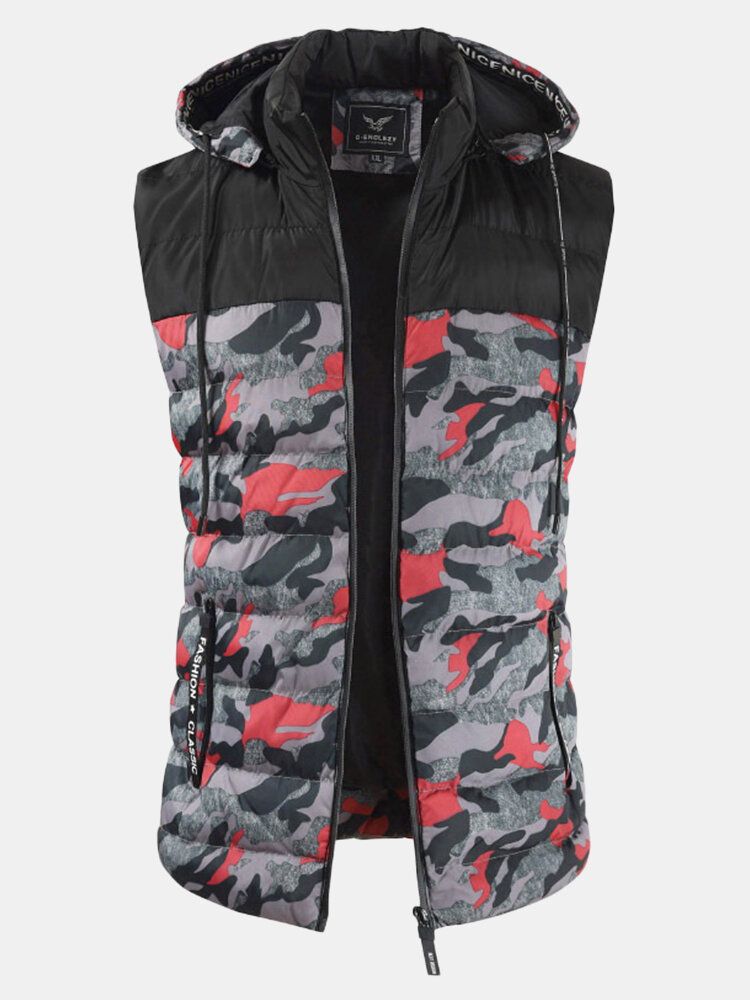 Mens Camo Patchwork Détachable À Capuche Épais Chaud Rembourré Gilet