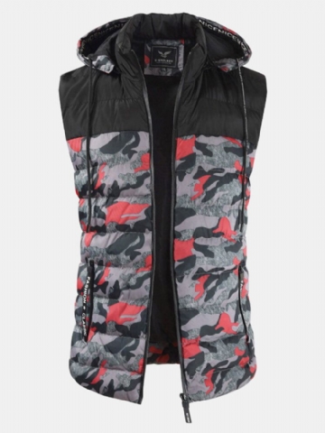 Mens Camo Patchwork Détachable À Capuche Épais Chaud Rembourré Gilet