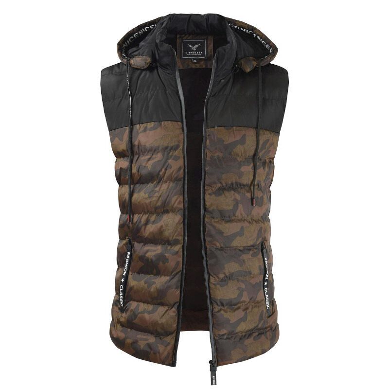 Mens Camo Patchwork Détachable À Capuche Épais Chaud Rembourré Gilet