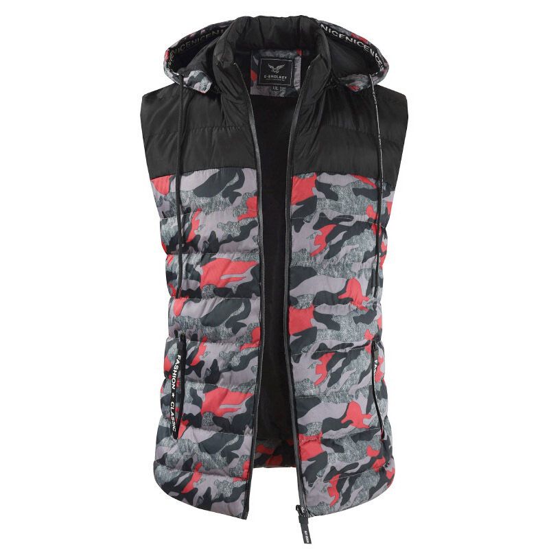 Mens Camo Patchwork Détachable À Capuche Épais Chaud Rembourré Gilet