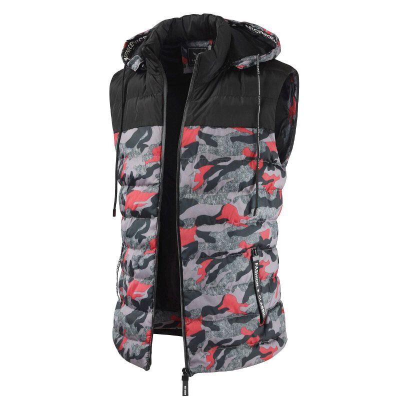 Mens Camo Patchwork Détachable À Capuche Épais Chaud Rembourré Gilet