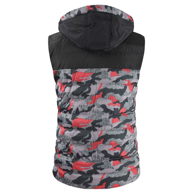 Mens Camo Patchwork Détachable À Capuche Épais Chaud Rembourré Gilet