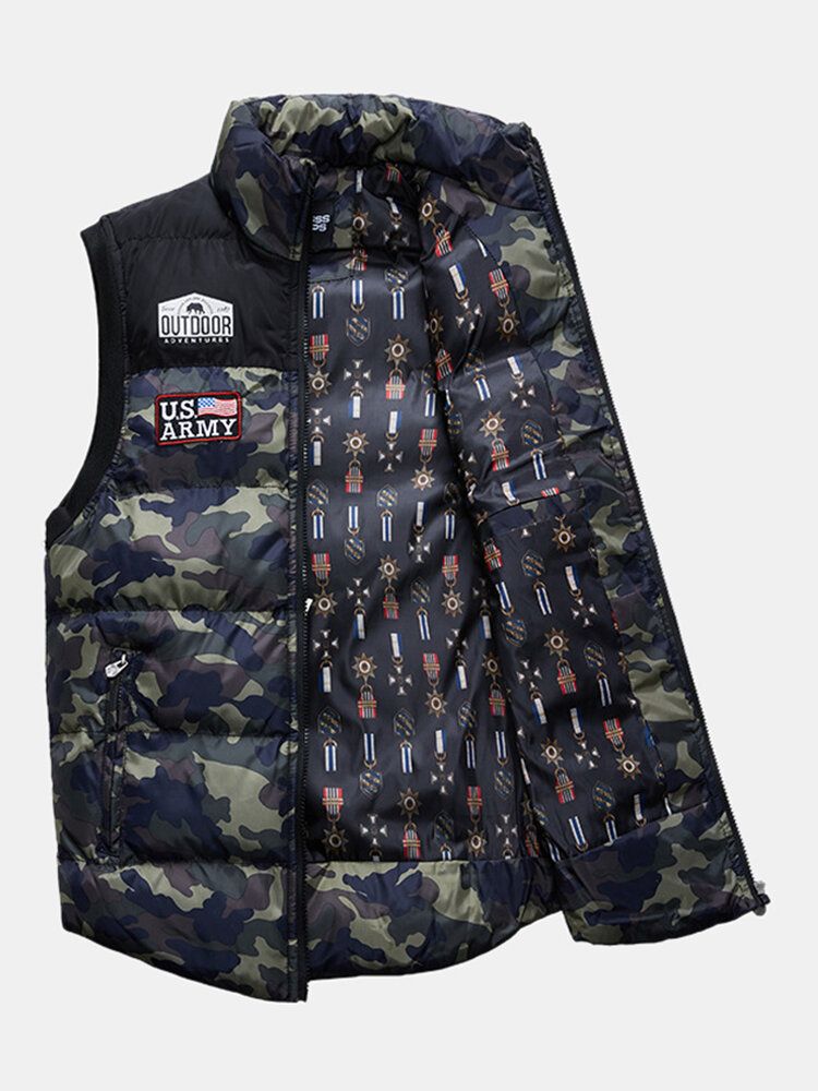 Mens Camo Zipper Front Winter Thicken Stand Collar Casual Warm Vest