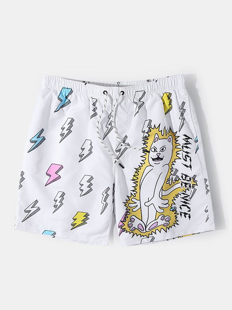 Mens Cartoon Cat Alien Print Mesh Liner Respirant Thin Beach Holiday Board Shorts