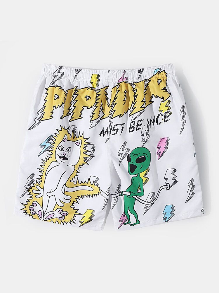 Mens Cartoon Cat Alien Print Mesh Liner Respirant Thin Beach Holiday Board Shorts