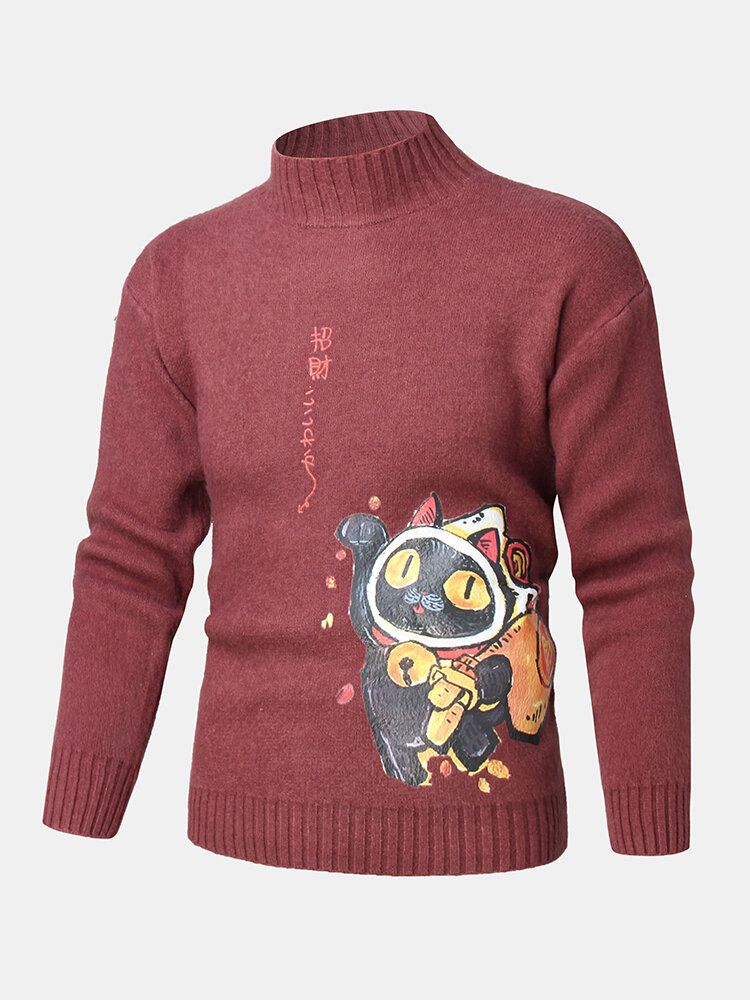 Mens Cartoon Cat Ethnic Style Character Pattern Pulls Tricotés À Col Haut