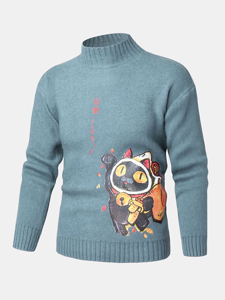 Mens Cartoon Cat Ethnic Style Character Pattern Pulls Tricotés À Col Haut