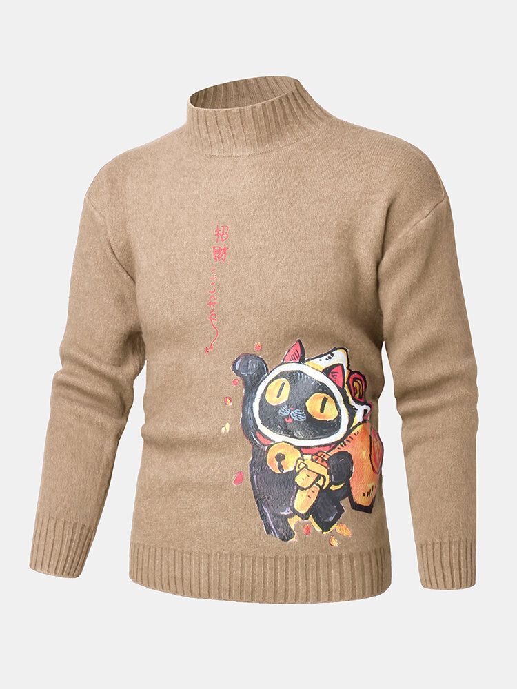 Mens Cartoon Cat Ethnic Style Character Pattern Pulls Tricotés À Col Haut