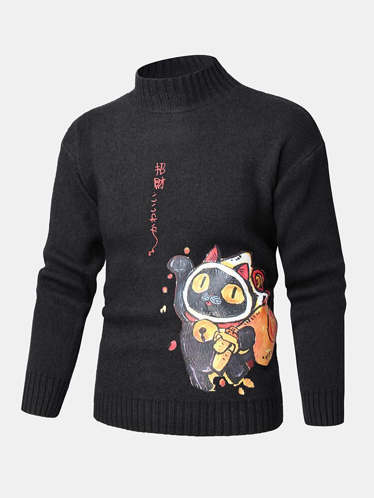 Mens Cartoon Cat Ethnic Style Character Pattern Pulls Tricotés À Col Haut