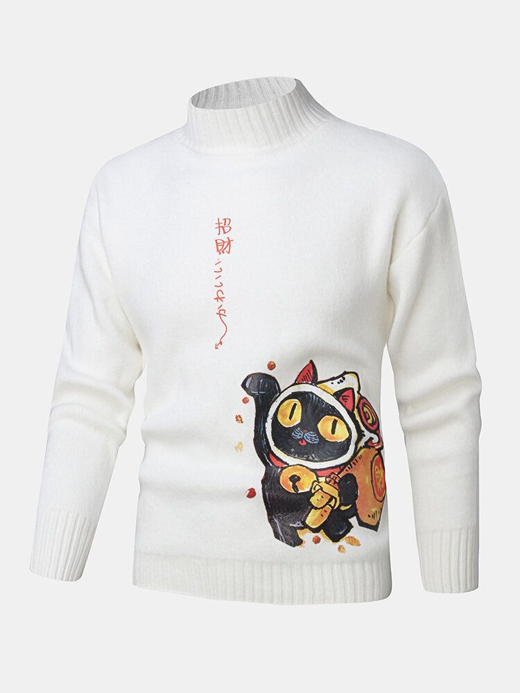 Mens Cartoon Cat Ethnic Style Character Pattern Pulls Tricotés À Col Haut