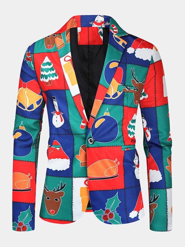 Mens Cartoon Christmas Element Print Single-breasted Party Funny Blazer