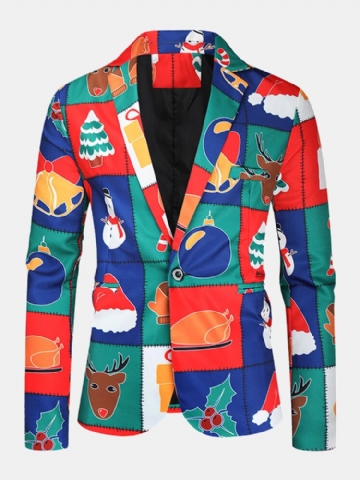 Mens Cartoon Christmas Element Print Single-breasted Party Funny Blazer