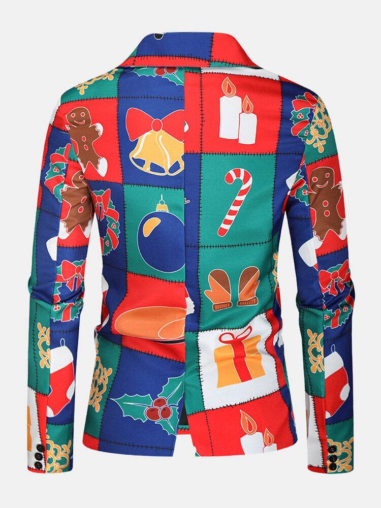 Mens Cartoon Christmas Element Print Single-breasted Party Funny Blazer