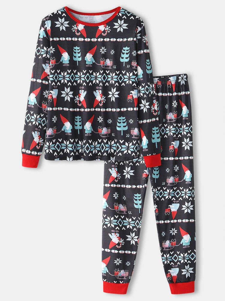 Mens Cartoon Christmas Pattern Print O-cou Loose Jogger Pants Home Lounge Pyjamas Set