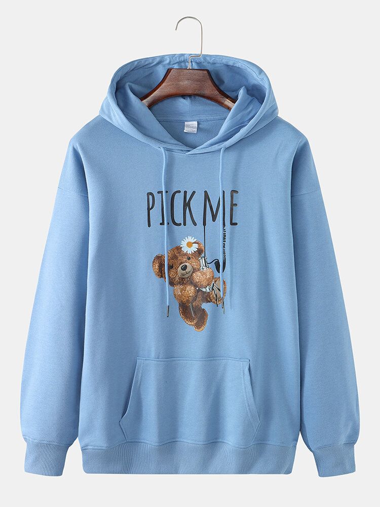 Mens Cartoon Doll Bear Letter Print Drop Sweats À Capuche Avec Poche