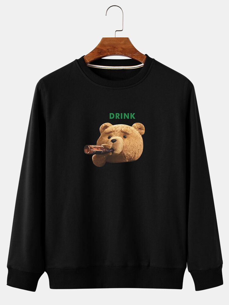 Mens Cartoon Drink Bear Print Crew Neck Cotton Casual Pullover Sweatshirts