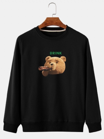 Mens Cartoon Drink Bear Print Crew Neck Cotton Casual Pullover Sweatshirts