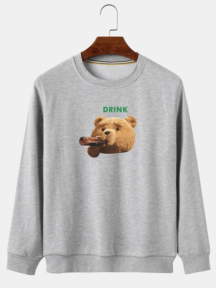 Mens Cartoon Drink Bear Print Crew Neck Cotton Casual Pullover Sweatshirts