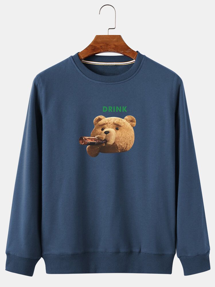 Mens Cartoon Drink Bear Print Crew Neck Cotton Casual Pullover Sweatshirts