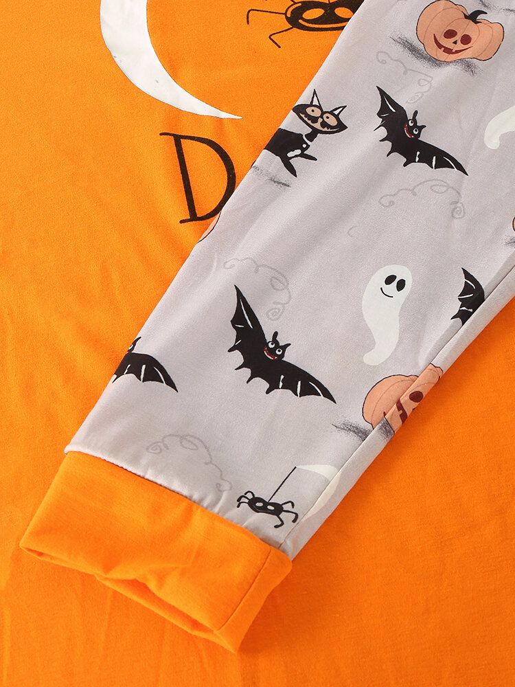 Mens Cartoon Halloween Print Patchwork Round Neck Loose Long Sleeve Casual Home Pyjamas Set