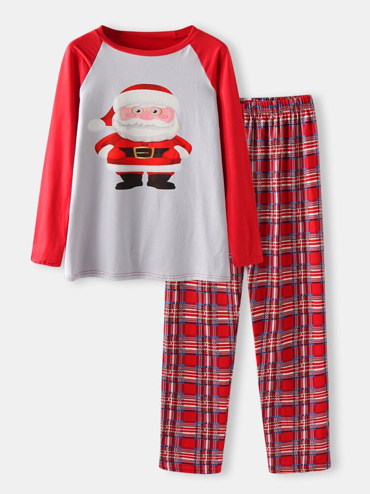 Mens Cartoon Santa Claus Print Raglan Sleeve Loose Plaid Pants Home Lounge Pyjamas Set