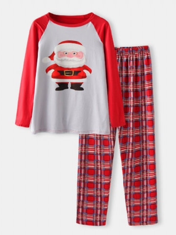 Mens Cartoon Santa Claus Print Raglan Sleeve Loose Plaid Pants Home Lounge Pyjamas Set