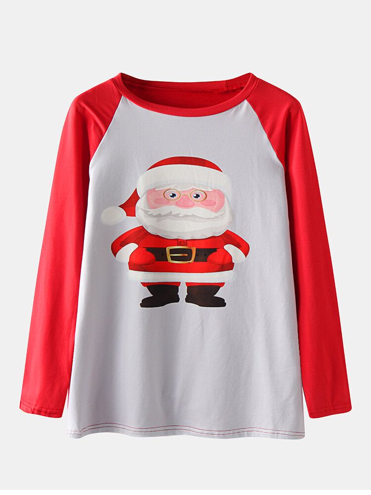 Mens Cartoon Santa Claus Print Raglan Sleeve Loose Plaid Pants Home Lounge Pyjamas Set