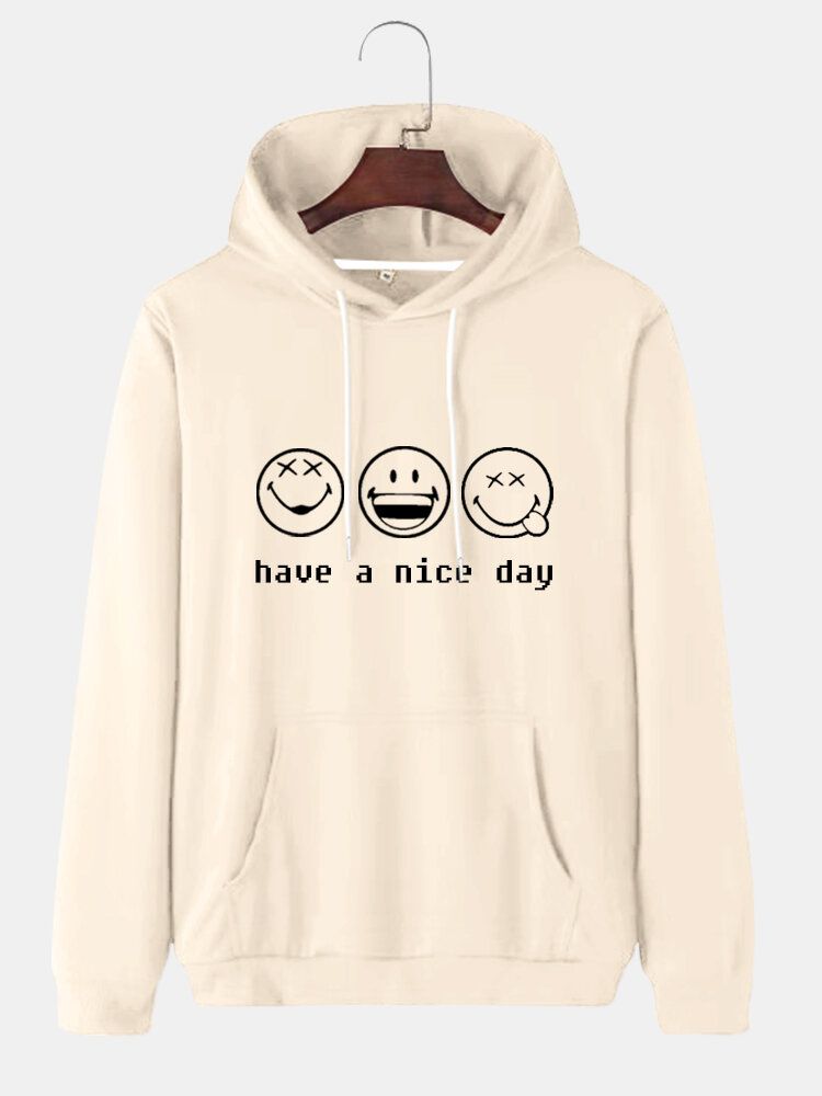 Mens Cartoon Smile Face Slogan Print Cotton Drawstring Overhead Hoodies