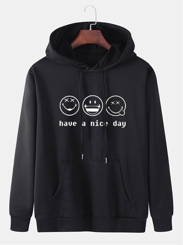 Mens Cartoon Smile Face Slogan Print Cotton Drawstring Overhead Hoodies