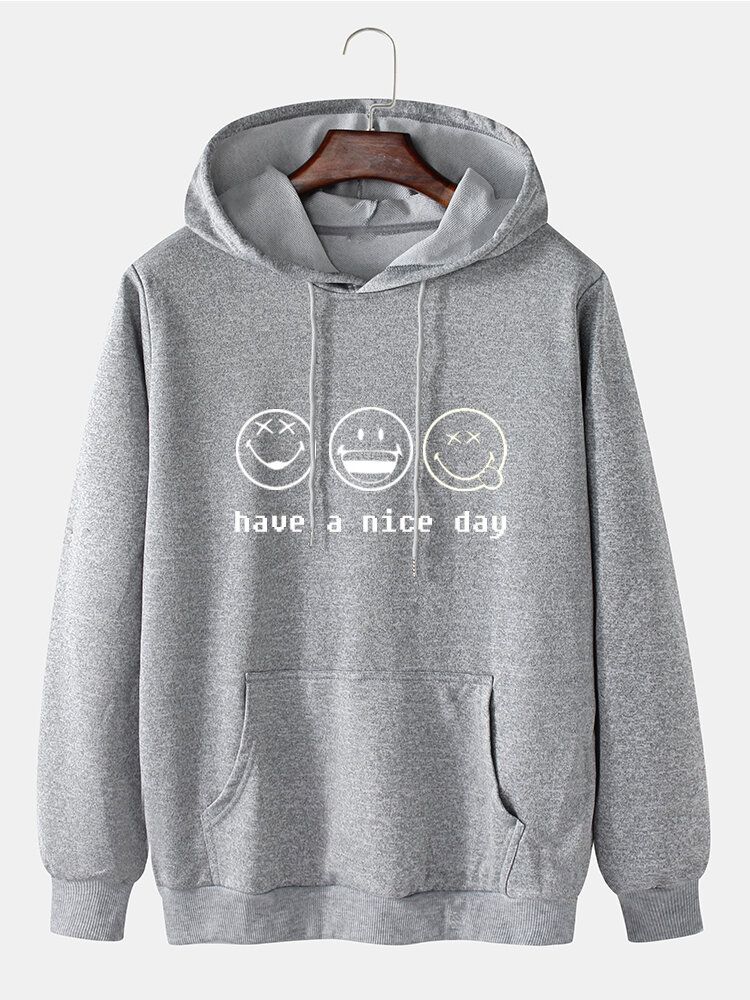 Mens Cartoon Smile Face Slogan Print Cotton Drawstring Overhead Hoodies