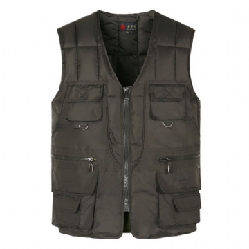 Mens Casual Loose Fit Col V Multi Poches Couleur Unie Automne Hiver Gilet