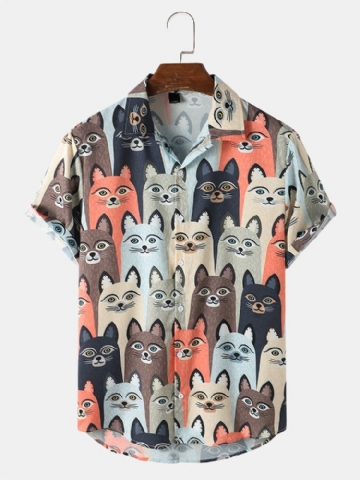 Mens Cat Cartoon Pet Dog Print Chemises Mignonnes