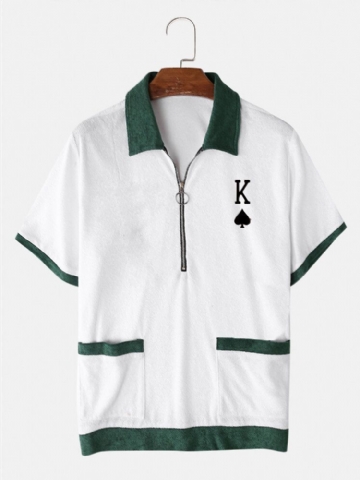 Mens Causal Toweling Poker Broderie Half Zip Contrast Golf Shirts