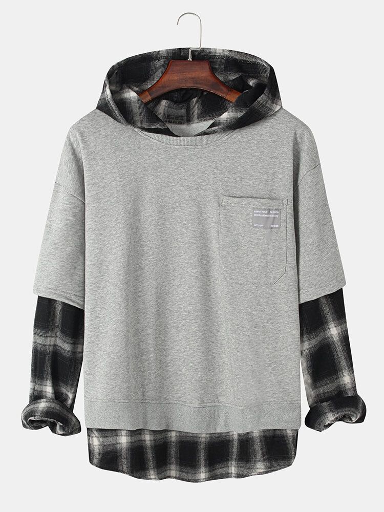 Mens Check Faux Twinset Stitching Chest Pullover Hoodies