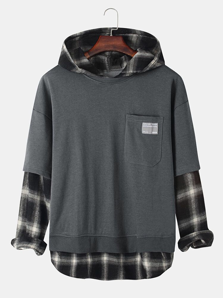 Mens Check Faux Twinset Stitching Chest Pullover Hoodies