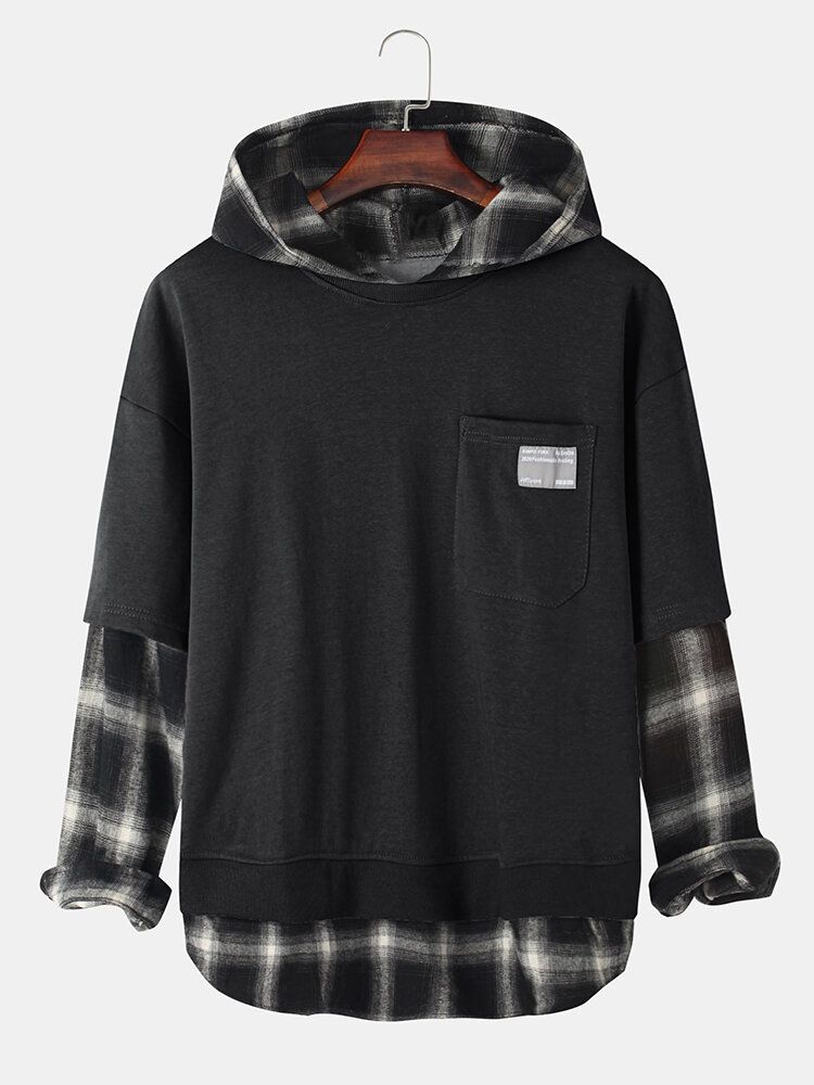 Mens Check Faux Twinset Stitching Chest Pullover Hoodies