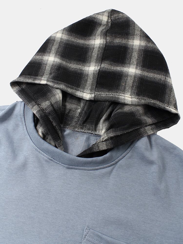 Mens Check Faux Twinset Stitching Chest Pullover Hoodies